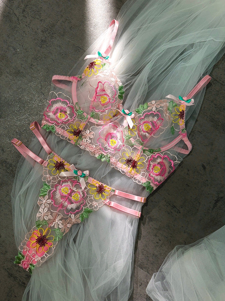 Pink Floral Embroidered Lingerie Set With Bra And Panty Hello.LA.Girl